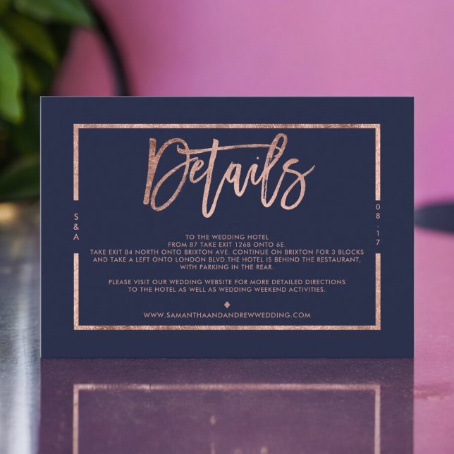 Cartão De Informações direção do casamento do marinho azul rosa (Rose gold navy blue script wedding direction enclosure card)