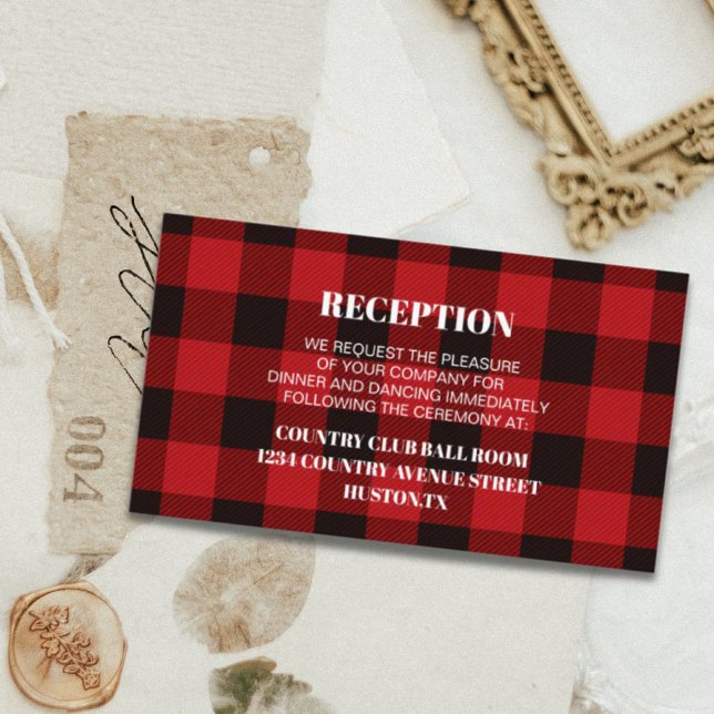 Cartão De Informações direção do casamento no inverno rústico da xadrez  (red buffalo plaid rustic winter wedding direction enclosure card)