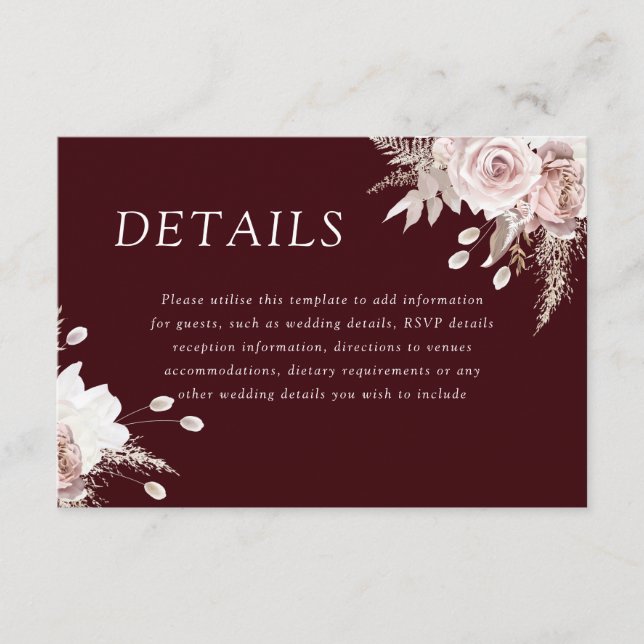 Cartão De Informações Divine Blush Floral Deep Burgundy Wedding Details (Frente)