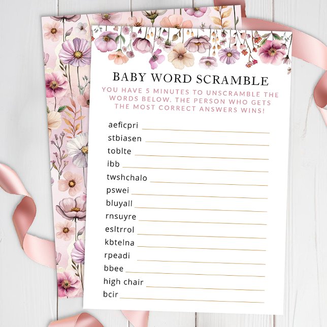 Cartão De Informações Dosagem Rosa, Flor Selvagem, Bebê, Escrâmbulo - Bo (Baby Word Scramble)