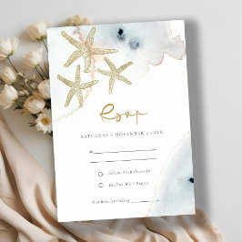 CARTÃO DE INFORMAÇÕES DOURADA BEACHY AZUL STARFISH CASAMENTO RSVP