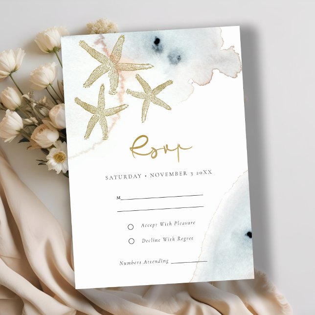 CARTÃO DE INFORMAÇÕES DOURADA BEACHY AZUL STARFISH CASAMENTO RSVP (Criador carregado)