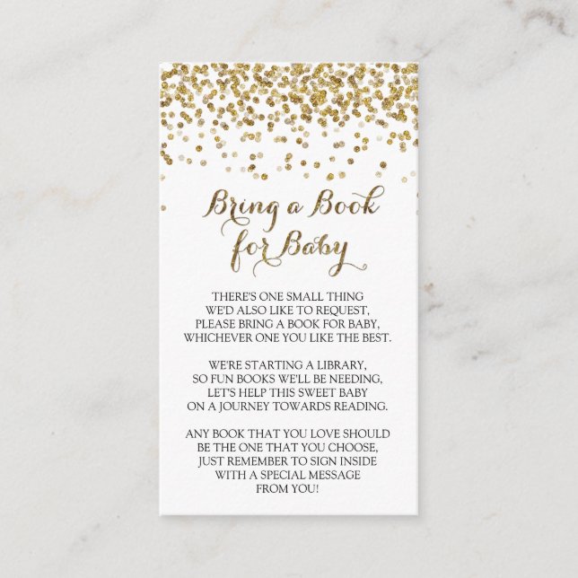 Cartão De Informações Dourada Glitter Confetti Traga um Livro para Bebê  (Frente)