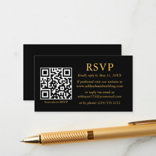 Cartão De Informações Dourada RSVP Preto de QR Simples e Minimalista de