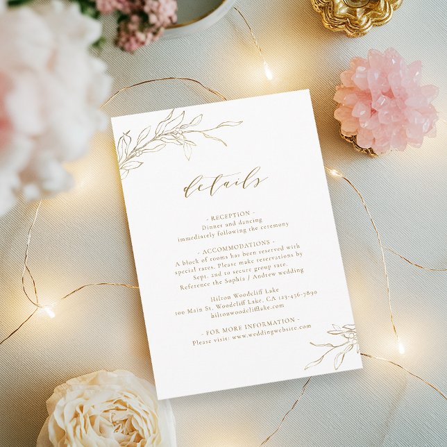 Cartão De Informações Dourado e simples detalhes do casamento botânico (Gold simple elegance botanical wedding details enclosure card)