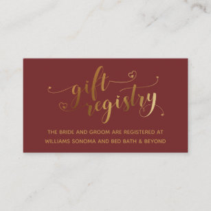 Cartão De Informações Dourado Elegant Hearts Script Burgundy Gift Regist