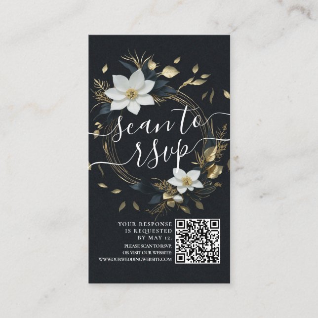 Cartão De Informações Dourado Floral Wreath Weding QR Code Website RSVP (Frente)