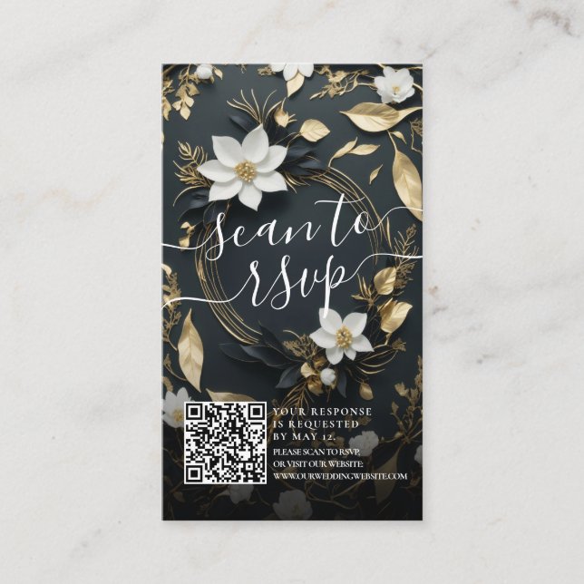 Cartão De Informações Dourado Floral Wreath Weding QR Code Website RSVP (Frente)