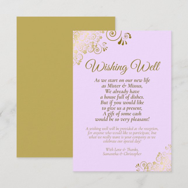Cartão De Informações Dourado Lace e Casamento Roxo Lilac Desejando Bem  (Frente/Verso)