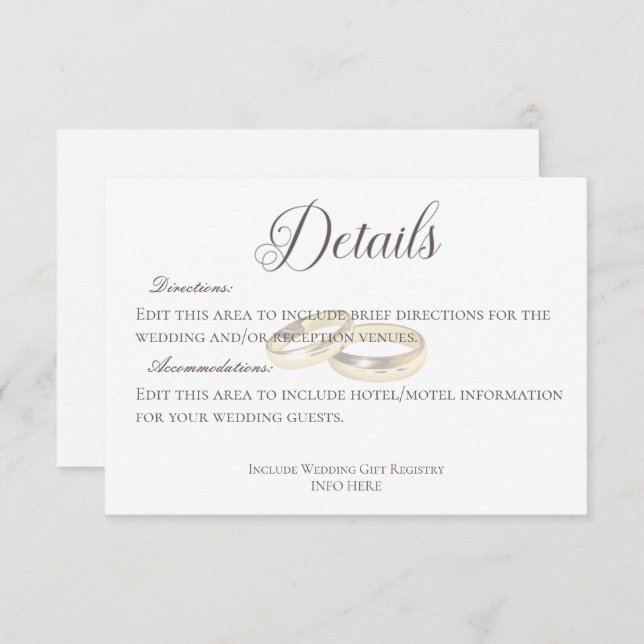 Cartão De Informações Dourados Anéis de Casamento em Detalhes do Casamen (Frente/Verso)