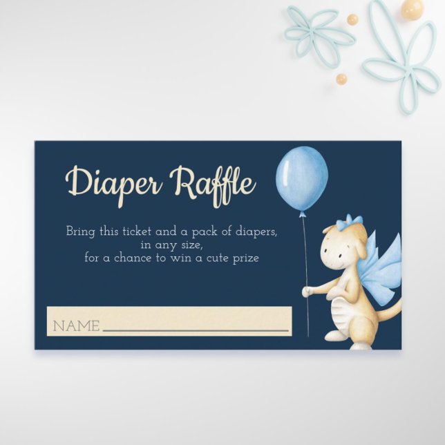Cartão De Informações Dragão-bebê bonito com Raffle Fralda Balão (Cute dragon diaper raffle boy baby shower by Kinda Cute by Patricia Alvarez)