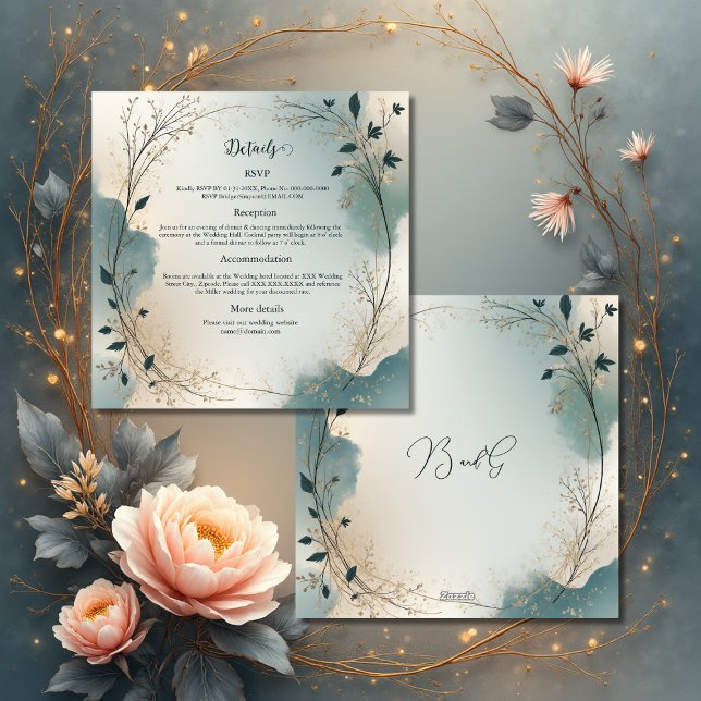 Cartão De Informações Dusty Blue Beige Boho Chic foliage wreath Wedding (Criador carregado)