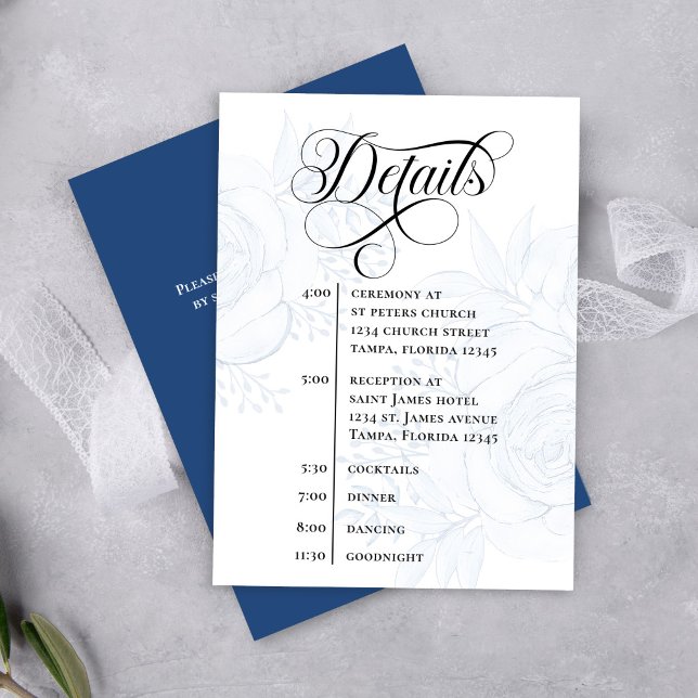 Cartão De Informações Dusty Blue Calligraphy QR Code Wedding Details (Elegant dusty blue floral wedding details card with modern calligraphy and timeline layout)