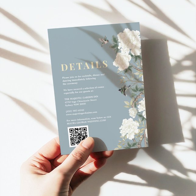 Cartão De Informações Dusty Blue Chinoiserie Flores de Casamento (Criador carregado)