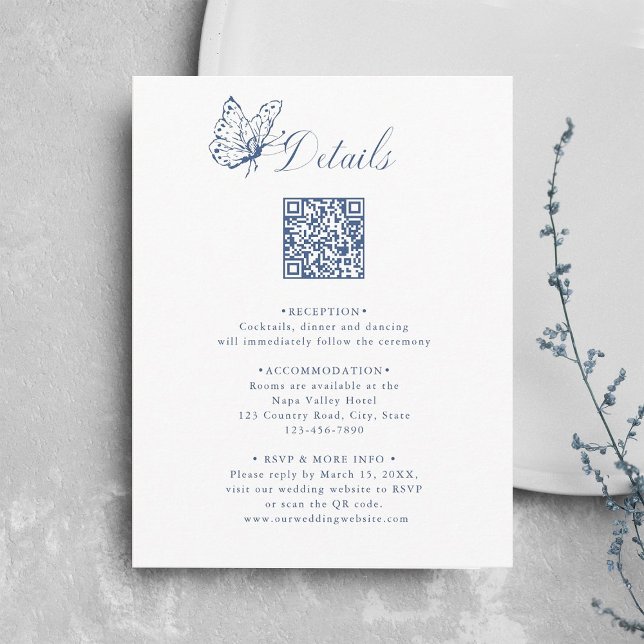 Cartão De Informações Dusty Blue Elegant Calligraphy Wedding Details (Criador carregado)