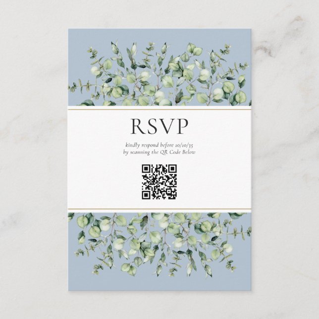 Cartão De Informações Dusty Blue Eucalyptus Código QR Casamento RSVP (Frente)