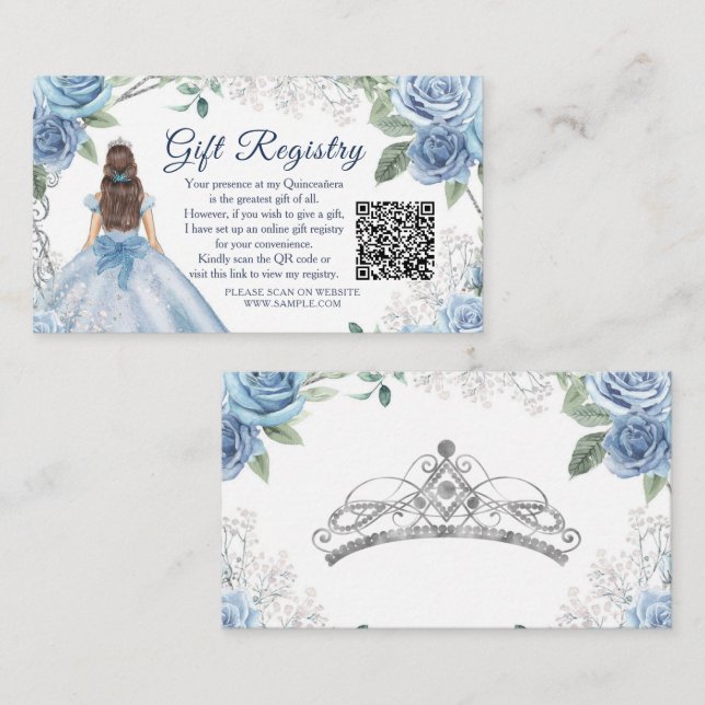 Cartão De Informações Dusty Blue Floral Quinceañera QR Gift Registro (Frente/Verso)