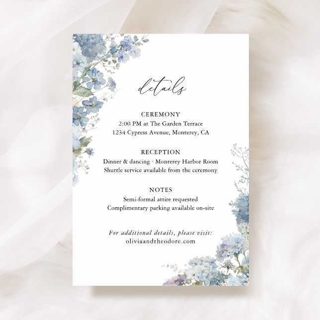 Cartão De Informações Dusty Blue Floral Wedding Details, Info (Dusty blue floral wedding details card, watercolor hydrangea ceremony reception info enclosure)