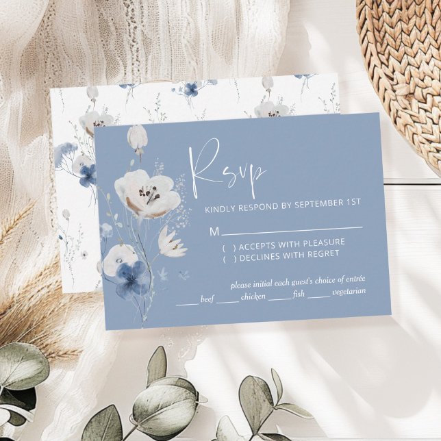 Cartão De Informações Dusty Blue Floral Wedding RSVP (Criador carregado)