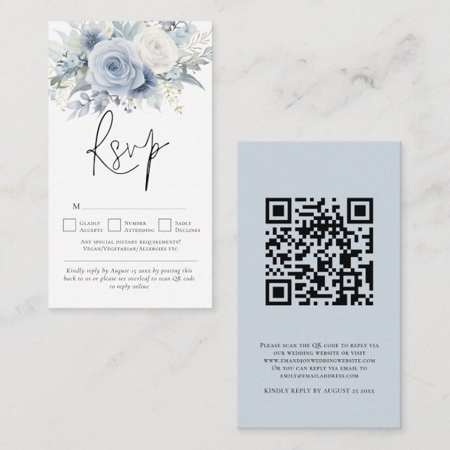 Cartão De Informações Dusty Blue Florals Código QR Casamento RSVP (Frente/Verso)