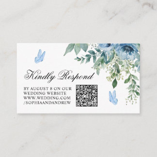 Cartão De Informações Dusty Blue Flowers Wedding QR Code RSVP