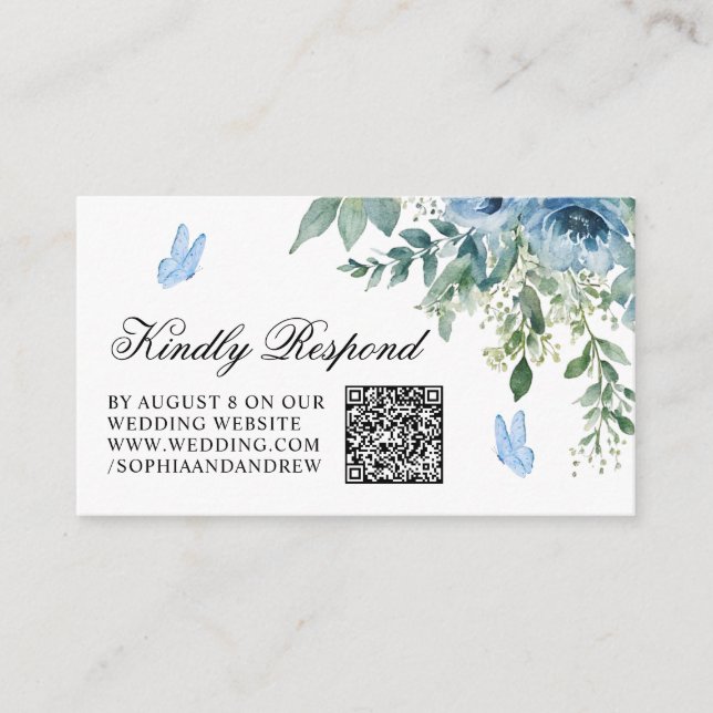 Cartão De Informações Dusty Blue Flowers Wedding QR Code RSVP (Frente)