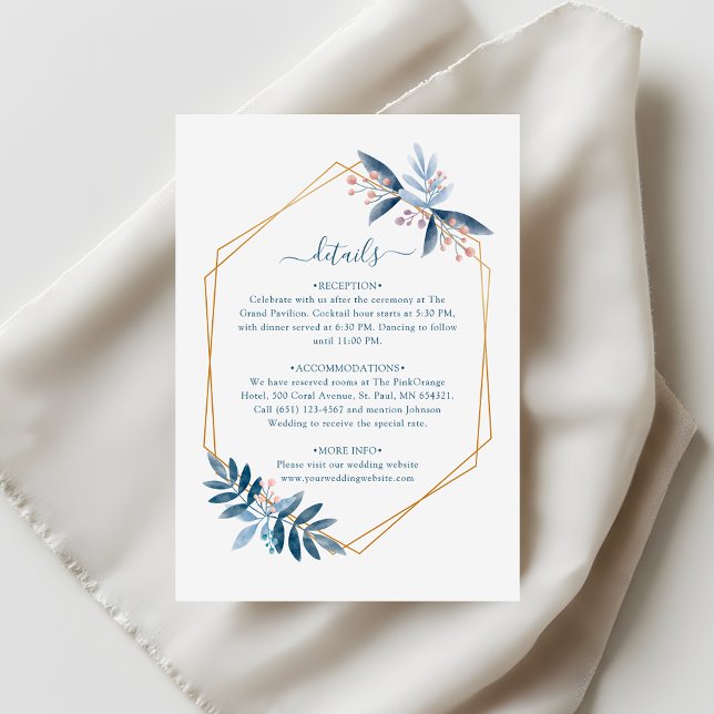 Cartão De Informações Dusty Blue Greenery Geometric Wedding Details (Criador carregado)