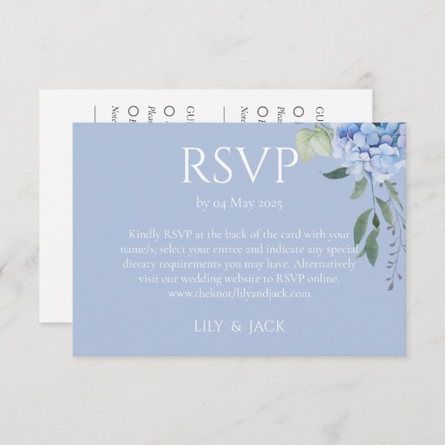 Cartão De Informações Dusty Blue Hydrangea 2 Guest Weding RSVP (Frente/Verso)