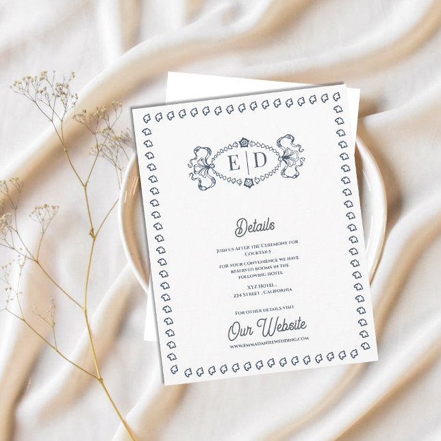 Cartão De Informações Dusty Blue Monogram Crest Wedding Details (Dusty Blue Monogram Crest Wedding Details Card | Vintage Classic Formal Reception Insert)