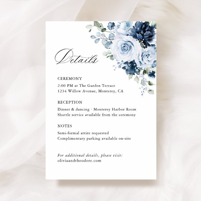 Cartão De Informações Dusty Blue Navy Floral Wedding Details, Ceremony (Dusty blue navy watercolor floral wedding details enclosure card, ceremony reception insert flatlay)