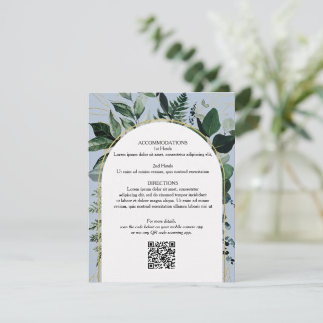 Cartão De Informações Dusty Blue QR código dos detalhes do casamento bot (Em pé/Frente)