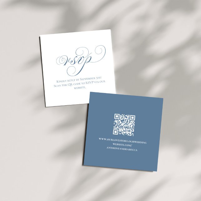 Cartão De Informações Dusty Blue QR Wedding RSVP Enclosure Card (Dusty blue QR code wedding RSVP card back with website link on neutral fabric)