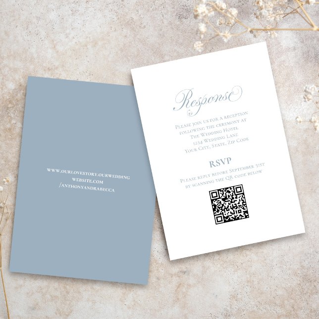 Cartão De Informações Dusty Blue Script Wedding RSVP QR Code Enclosure (Dusty blue QR code RSVP card with elegant calligraphy wedding design)