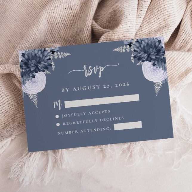 Cartão De Informações Dusty Blue Silver Script Floral RSVP (Criador carregado)