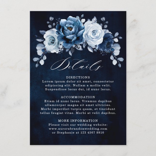 Cartão De Informações Dusty Blue Slate Navy Detalhes de Casamento Floral (Frente)