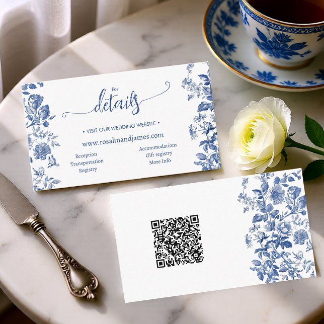 Cartão De Informações Dusty Blue Toile Floral Wedding Website QR Details (Dusty Blue Toile Floral Wedding Website QR Details Enclosure Card)