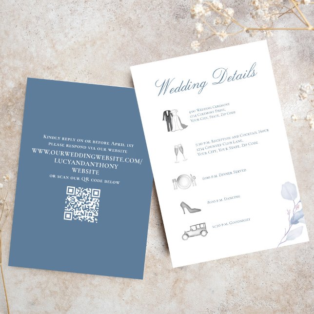 Cartão De Informações Dusty Blue Wedding Details QR Code Insert (Dusty blue QR code wedding RSVP card for easy online guest responses)