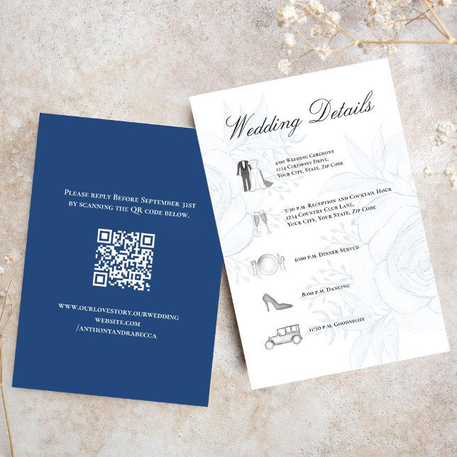Cartão De Informações Dusty Blue Wedding Details QR Code Insert (Elegant dusty blue floral wedding details card with script typography and timeline icons.)