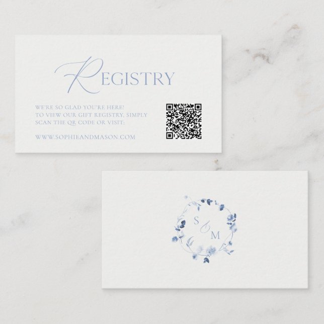 Cartão De Informações Dusty Blue Wedding Registry Card with QR Code (Frente/Verso)