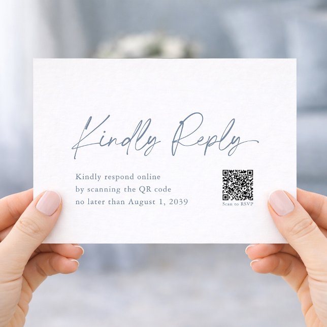 Cartão De Informações Dusty Blue Wedding RSVP Card with QR Code (Criador carregado)