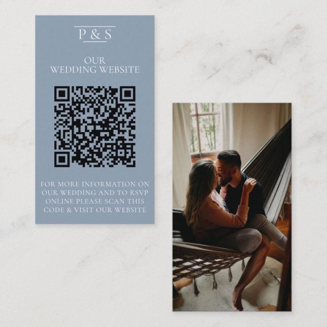 Cartão De Informações Dusty blue Wedding Website QR Code Foto Rsvp (Frente/Verso)