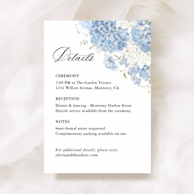 Cartão De Informações Dusty Blue White Floral Wedding Details, Info (Dusty blue white floral wedding details card, ceremony info enclosure with watercolor hydrangea)