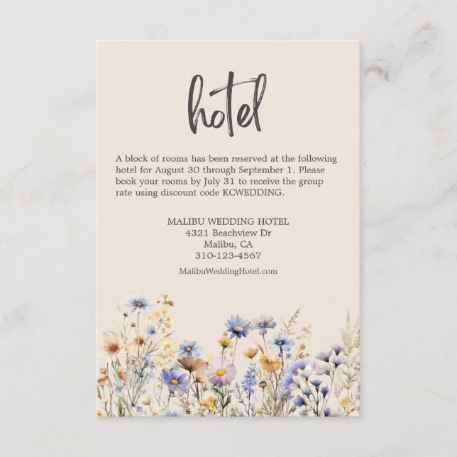 Cartão De Informações Dusty Blue Wildflower Elegant Beige Wedding Hotel (Frente)