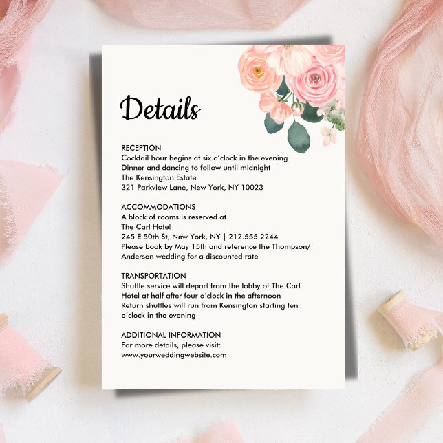 Cartão De Informações Dusty Blush Pink Floral Wedding Details Card (Dusty Blush Pink Floral Wedding Details Card)