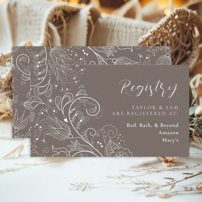 Cartão De Informações Dusty Brown Elegant Floral Wedding Registry (Criador carregado)