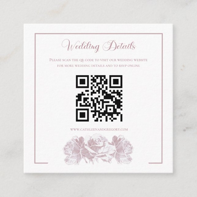Cartão De Informações Dusty Pink Calligraphy QR Code Wedding (Frente)