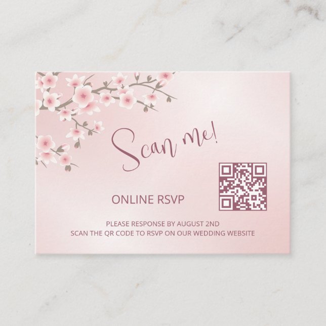 Cartão De Informações Dusty Pink Cherry Blossom QR Code RSVP Online (Frente)