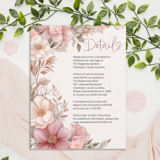 Cartão De Informações Dusty Pink Cream Magnolia Floral Wedding Details (Criador carregado)