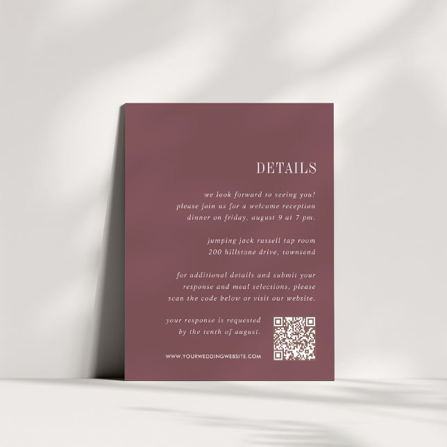Cartão De Informações Dusty Plum | Detalhes do casamento All-in-One (Criador carregado)