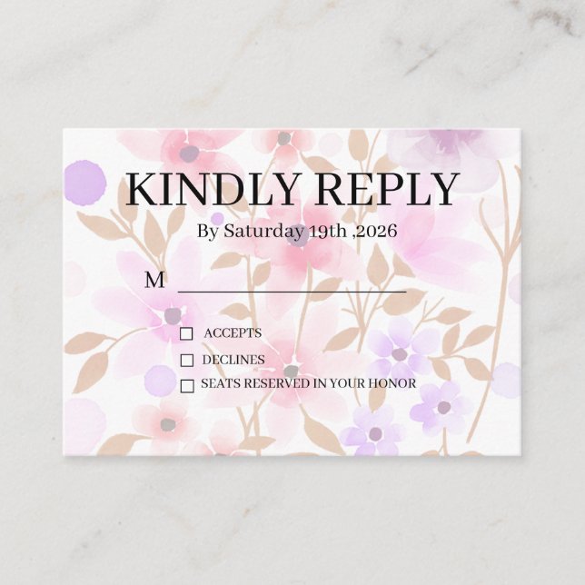 Cartão De Informações Dusty Purple Silver Gray Floral Rustic RSVP Card (Frente)